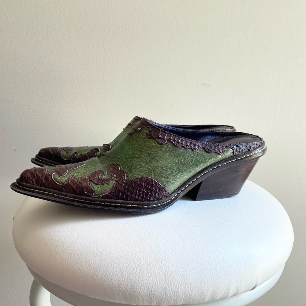 Vintage Italian Leather Western Green Mules